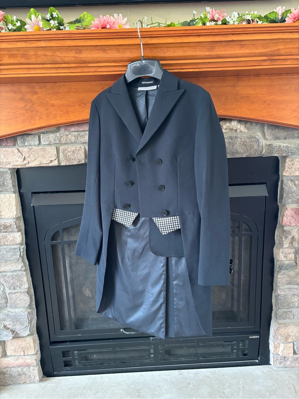 Classic Black Double-Breasted Pea Coat with Houndstooth Trim